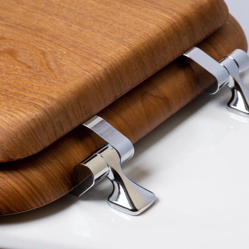 Bemis Mayfair Natural Oak Veneer Toilet Seat with Chrome Hinges, Round, Wood - Image 2